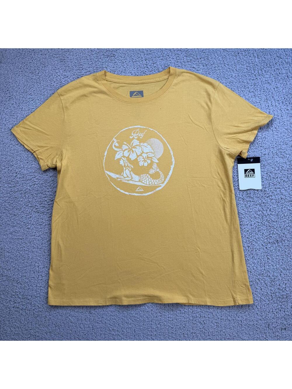 Reef T Shirt Womens M Yellow Tropical Hibiscus Mermaid Surf Beach Casual Tee